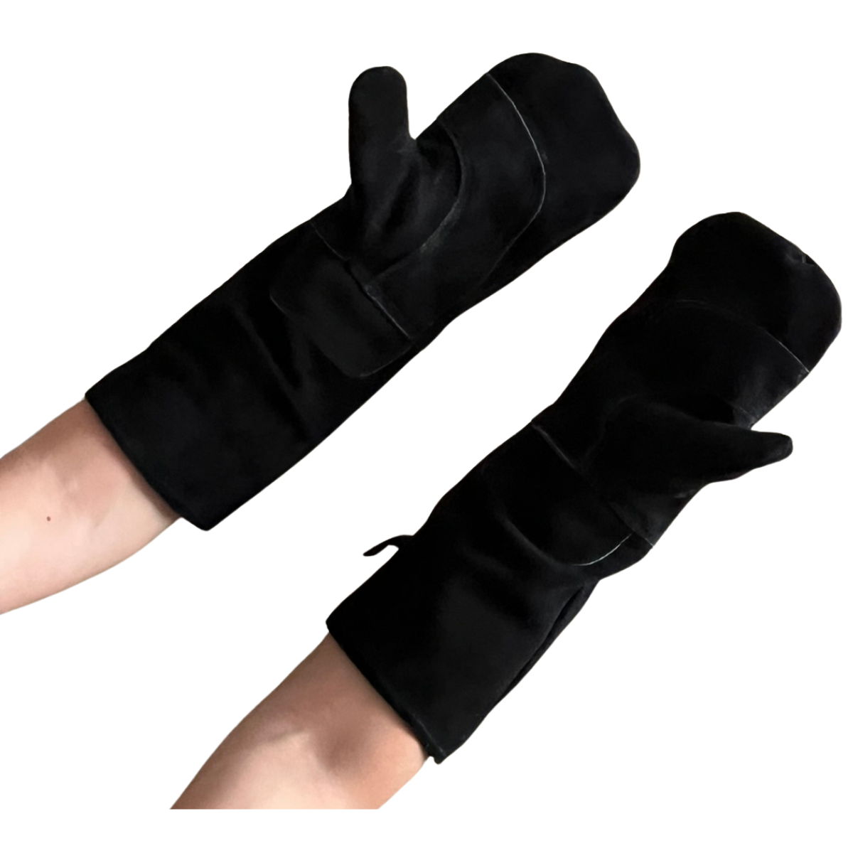 Rękawice piekarnicze skórzane czarne na rękach piekarza